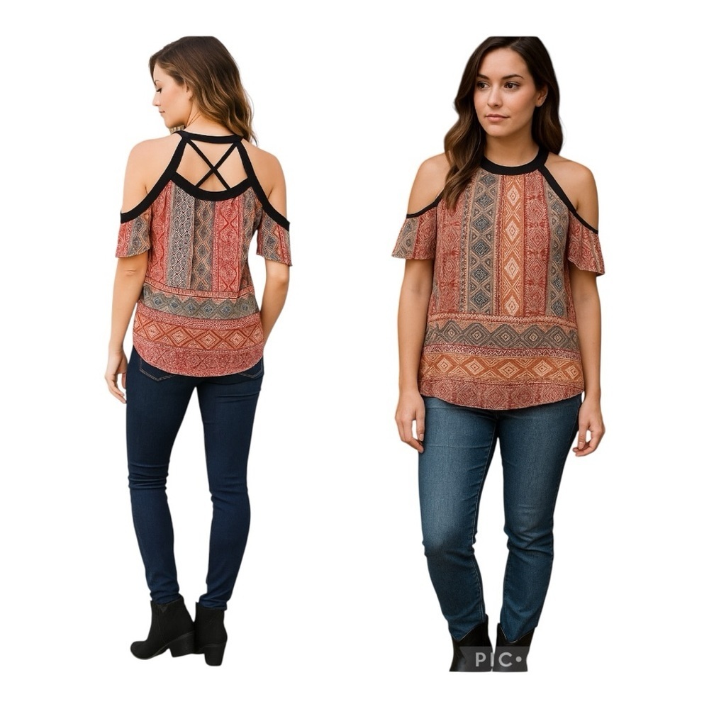 A. Byer Boho Cold Shoulder Blouse Geometric Print Size S NWT